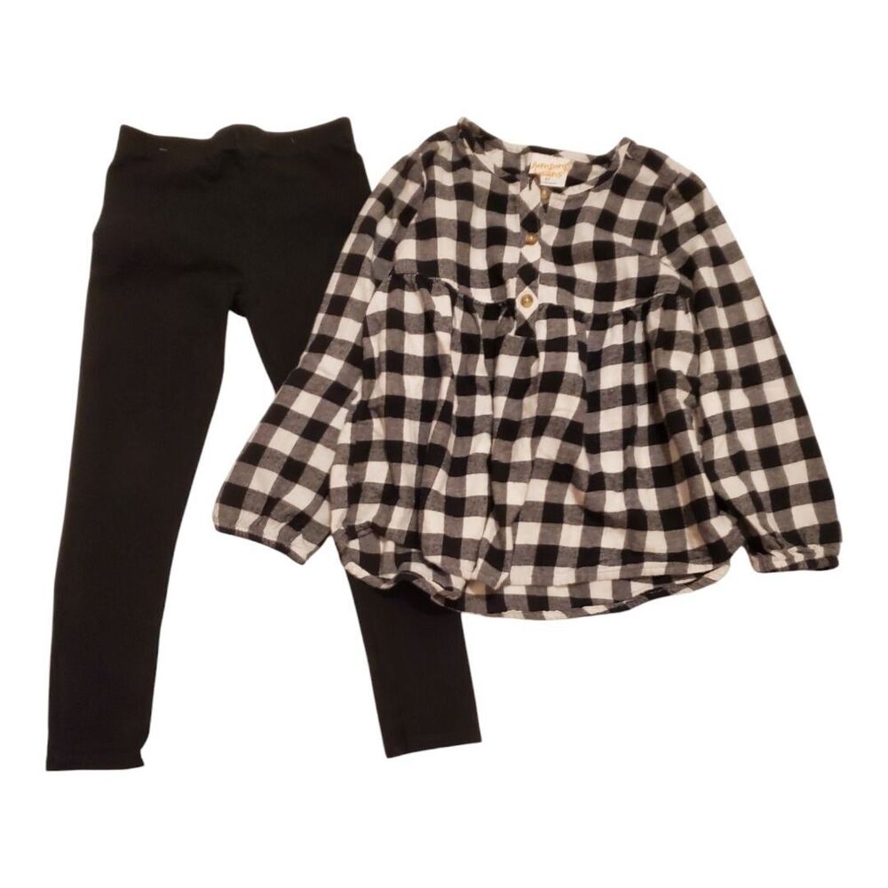 Toddlers Black & White Flannel Dress Shirt & Black Leggings Set 4T - 0006